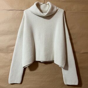 Another Tomorrow Wool Funnel Neck Sweater Natural Chunky Knit Turtleneck Size L